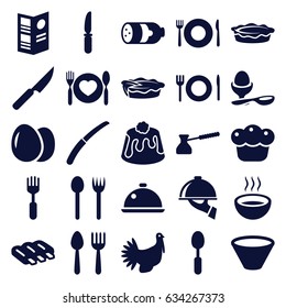 Cooking icons set. set of 25 cooking filled icons such as egg, sausage, spoon and fork, plate fork and spoon, pie, boiled egg, knife, soup, gardening knife, turkey, dish, menu