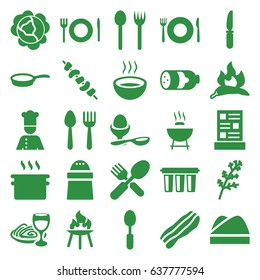 Cooking icons set. set of 25 cooking filled icons such as sausage, cabbage, deel, chili, spoon and fork, plate fork and spoon, pepper, boiled egg, kebab, knife, soup, chef