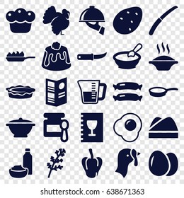 Cooking icons set. set of 25 cooking filled icons such as egg, turkey, sausage, potato, deel, pepper, baby food, porridge, drink and food, pie, gardening knife, chef hat, menu