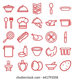 Cooking icons set. set of 25 cooking outline icons such as egg, potato, bowl, drink and food, chicken, spoon, knife, spoon and fork, pepper, turkey, pie, dish, chef hat, menu