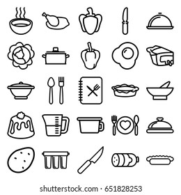 Cooking icons set. set of 25 cooking outline icons such as dish, sausage, potato, cabbage, pepper, bowl, pie, knife, soup, plate with spoon and fork, menu, chicken, pan