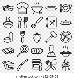 Cooking icons set. set of 25 cooking outline icons such as sausage, pepper, pan, baby food, fork and spoon, drink and food, pie, fork, soup, gardening knife, chef, chef hat