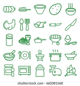 Cooking icons set. set of 25 cooking outline icons such as plate fork and spoon, sausage, potato, chili, baby food, porridge, pepper, fork and spoon, bowl, boiled egg