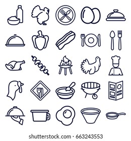 Cooking icons set. set of 25 cooking outline icons such as plate fork and spoon, dish, turkey, egg, porridge, drink and food, chicken, kebab, pepper, bbq, chef, restaurant