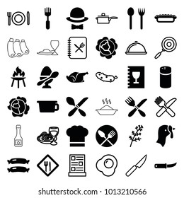 Cooking icons. set of 36 editable filled and outline cooking icons such as turkey, sausage, cabbage, pepper, fork and spoon, pot, chicken, fork, gardening knife, pie, chef hat