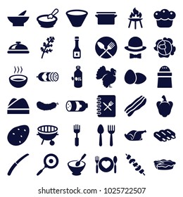 Cooking icons. set of 36 editable filled cooking icons such as sausage, potato, deel, oil, spoon and fork, dish, turkey, porridge, bowl, pepper, pie, chicken, kebab, fork
