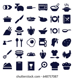 Cooking icons set. set of 36 cooking filled icons such as turkey, sausage, potato, pepper, pan, baby food, porridge, bowl, cutting board, pie, plate with spoon and fork, bbq