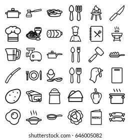 Cooking icons set. set of 36 cooking outline icons such as spoon and fork, turkey, sausage, potato, cabbage, pepper, fork and spoon, cutting board, boiled egg, pie