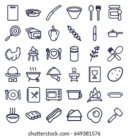 Cooking icons set. set of 36 cooking outline icons such as plate fork and spoon, sausage, potato, deel, chili, pepper, baby food, cutting board, pie, kebab, fork and spoon