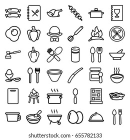 Cooking icons set. set of 36 cooking outline icons such as spoon and fork, egg, sausage, chili, pepper, baby food, porridge, bowl, cutting board, boiled egg, pie, chicken