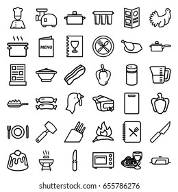 Cooking icons set. set of 36 cooking outline icons such as turkey, sausage, chili, pepper, pan, cutting board, pie, pasta and wine glass, knife, spoon and fork, chef