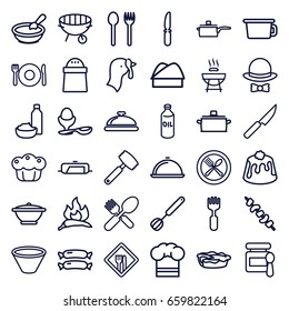 Cooking icons set. set of 36 cooking outline icons such as plate fork and spoon, dish, turkey, sausage, chili, pan, oil, baby food, porridge, pepper, drink and food, pie