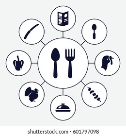 cooking icons set. Set of 9 cooking filled icons such as turkey, pepper, spoon and fork, dish, kebab, spoon, gardening knife