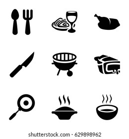 Cooking icons set. set of 9 cooking filled icons such as fork and spoon, pie, pasta and wine glass, soup, bbq, chicken, knife