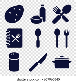 Cooking icons set. set of 9 cooking filled icons such as potato, pepper, drink and food, fork and spoon, spoon, menu, pan