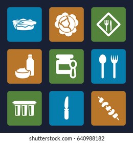 Cooking icons set. set of 9 cooking filled icons such as cabbage, baby food, drink and food, pie, kebab, knife, restaurant, filter