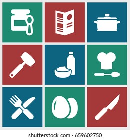 Cooking icons set. set of 9 cooking filled icons such as egg, baby food, drink and food, fork and knife, menu, chef hat and spoon, pan