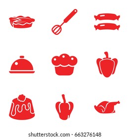 Cooking icons set. set of 9 cooking filled icons such as sausage, pepper, pie, chicken, dish