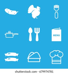 Cooking icons set. set of 9 cooking filled and outline icons such as sausage, turkey, fork and spoon, cucumber, menu, fork, chef hat