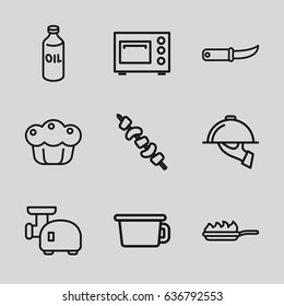 Cooking icons set. set of 9 cooking outline icons such as oil, kebab, gardening knife, pie, dish serving, pan-fry, meat grinder, microwave