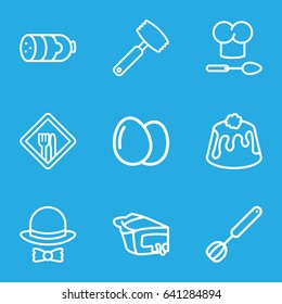 Cooking icons set. set of 9 cooking outline icons such as egg, sausage, pie, restaurant, hat and bow, chef hat and spoon, corolla