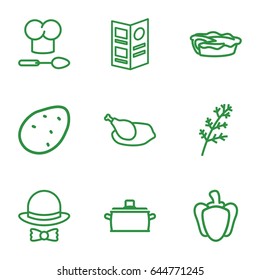 Cooking icons set. set of 9 cooking outline icons such as potato, deel, pie, pepper, menu, hat and bow, chicken, chef hat and spoon