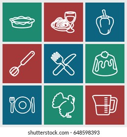 Cooking icons set. set of 9 cooking outline icons such as plate fork and spoon, turkey, pepper, pie, pasta and wine glass, fork and knife, corolla