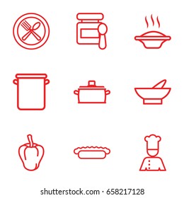 Cooking icons set. set of 9 cooking outline icons such as pepper, baby food, bowl, spoon and fork, pie, chef, pan