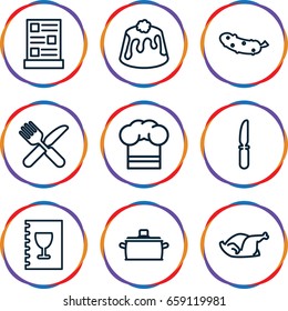 Cooking icons set. set of 9 cooking outline icons such as cucumber, pie, chicken, fork and knife, knife, chef hat, menu
