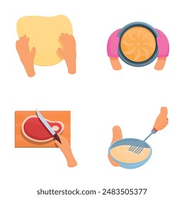 Cooking icons set cartoon vector. Hand preparing food. Top view