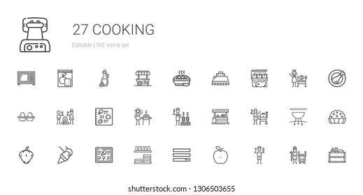 cooking icons set. Collection of cooking with chef, healthy food, menu, dinnerware, food and restaurant, pepper, grill, vegetables, churrasco. Editable and scalable cooking icons.