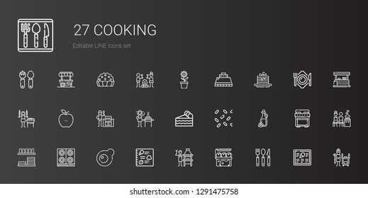 cooking icons set. Collection of cooking with cutlery, meat, brick grill, menu, egg, stove, dinnerware, olive oil, sprinkles, piece of cake. Editable and scalable cooking icons.