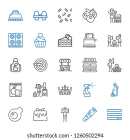 cooking icons set. Collection of cooking with menu, healthy food, chef, caramel, egg, olive oil, tools and utensils, dinner, stove, meal. Editable and scalable cooking icons.