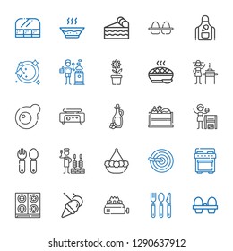 cooking icons set. Collection of cooking with organic eggs, cutlery, stove, food and restaurant, knife, pot, churrasco, homemade, vegetable. Editable and scalable cooking icons.
