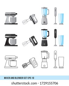 cooking icons. set of elements - mixer and blender. Kitchen set for your design. Vector flat illustration of colored and lined tips. Mix cook and blend in home