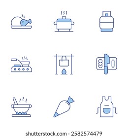 Cooking icons set. Line Duotone style, editable stroke. pastry bag, cooking, pot, cooking pot, roast chicken, gas cylinder, apron.