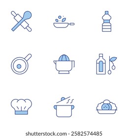 Cooking icons set. Line Duotone style, editable stroke. cooking, cooking oil, chefs hat, frying pan, grinder, olive oil.