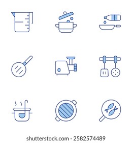 Cooking icons set. Line Duotone style, editable stroke. food, grill, meat grinder, oil, pan, skimmer, measuring cup.