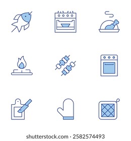 Cooking icons set. Line Duotone style, editable stroke. cook, cooking stove, oven mitt, skewer, turkey, cutting board, fish, gas stove, oven.