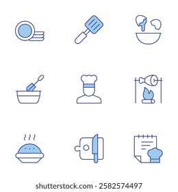 Cooking icons set. Line Duotone style, editable stroke. apple pie, chef, clean dishes, cooker, cooking, egg, grilled meat, recipe.