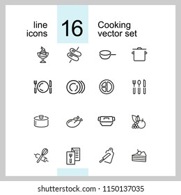 Cooking icons. Set of  line icons. Plate, saucepan, menu. Food preparation concept. Vector illustration can be used for topics like restaurant, food