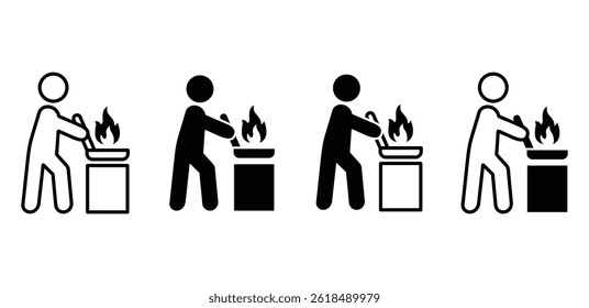 Cooking Icons Set Person Cooking On A Stove With Flames Black And White Color Vector Design