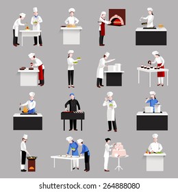 Cooking icons set with restaurant chef figures serving a table and making decoration isolated vector illustration