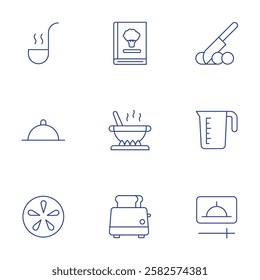 Cooking icons set. Thin Line style, editable stroke. soup ladle, video, cooking pot, measuring cup, tray, sea urchin, toaster, cooking book, knife.