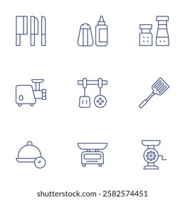 Cooking icons set. Thin Line style, editable stroke. meat grinder, skimmer, turner, lunch time, scales, knives, salt, spices.