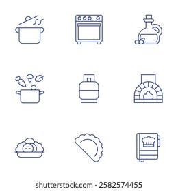 Cooking icons set. Thin Line style, editable stroke. cooking, electric stove, gas cylinder, gyoza, olive oil, pizza oven, recipe book.