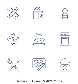 Cooking icons set. Thin Line style, editable stroke. cooking tools, mince, weight, cooking stove, skewer, turkey, cooking oil, rolling pin, wheat flour.