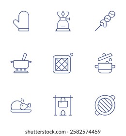 Cooking icons set. Thin Line style, editable stroke. camping gas, cook, cooking, dango, food, grill, oven mitt, pot, roast chicken.