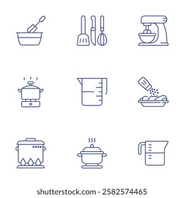 Cooking icons set. Thin Line style, editable stroke. cooking, cooking tools, mixer, cooking pot, measuring cup, seasoning, steam.