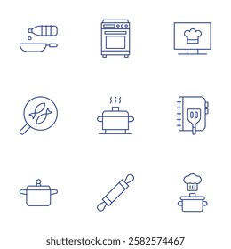 Cooking icons set. Thin Line style, editable stroke. channel, cook book, cooking, oil, oven, pan, pot, roller.